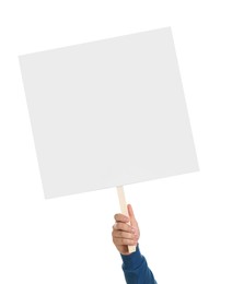 Photo of Man holding blank protest sign on white background, closeup