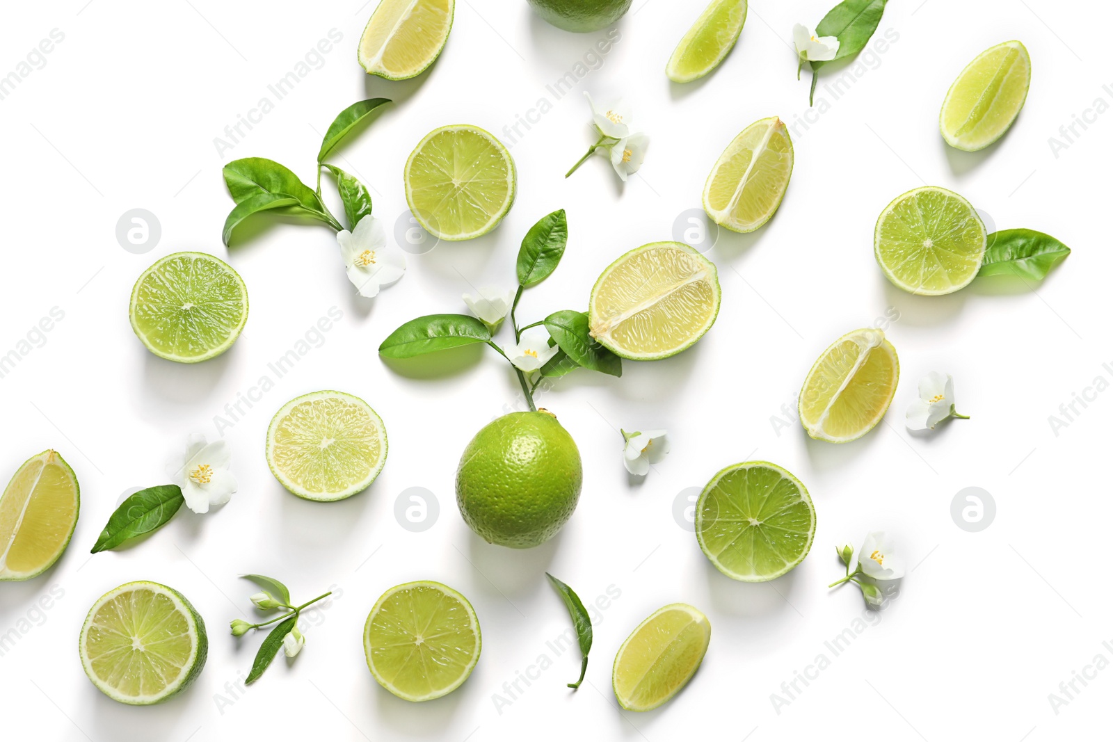 Photo of Composition with fresh ripe limes on white background, top view