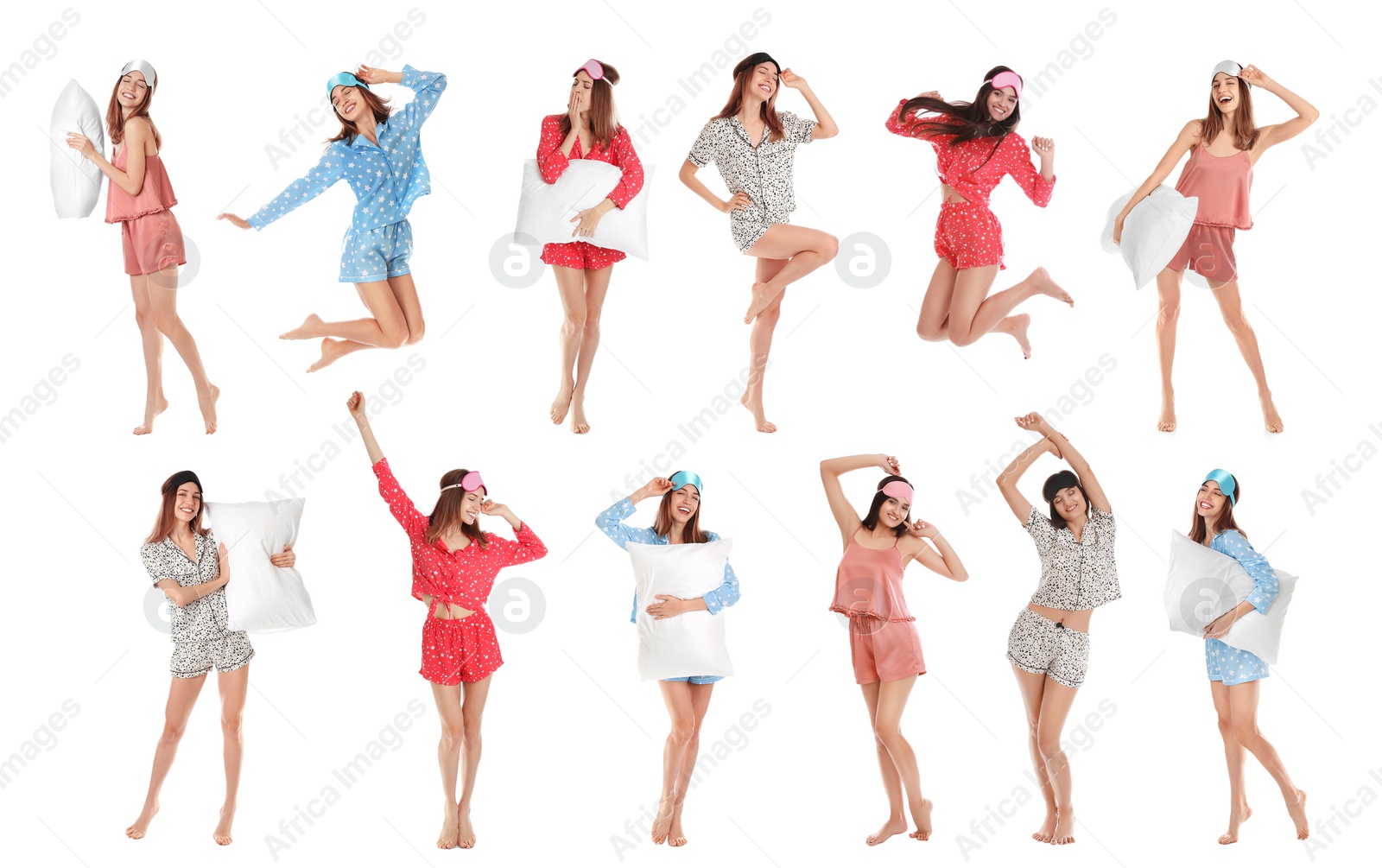 Image of Collage of women with sleep masks on white background. Bedtime