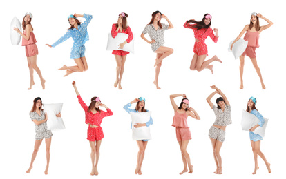 Collage of women with sleep masks on white background. Bedtime