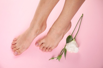 Photo of Woman with smooth feet and flower on color background, closeup. Spa treatment