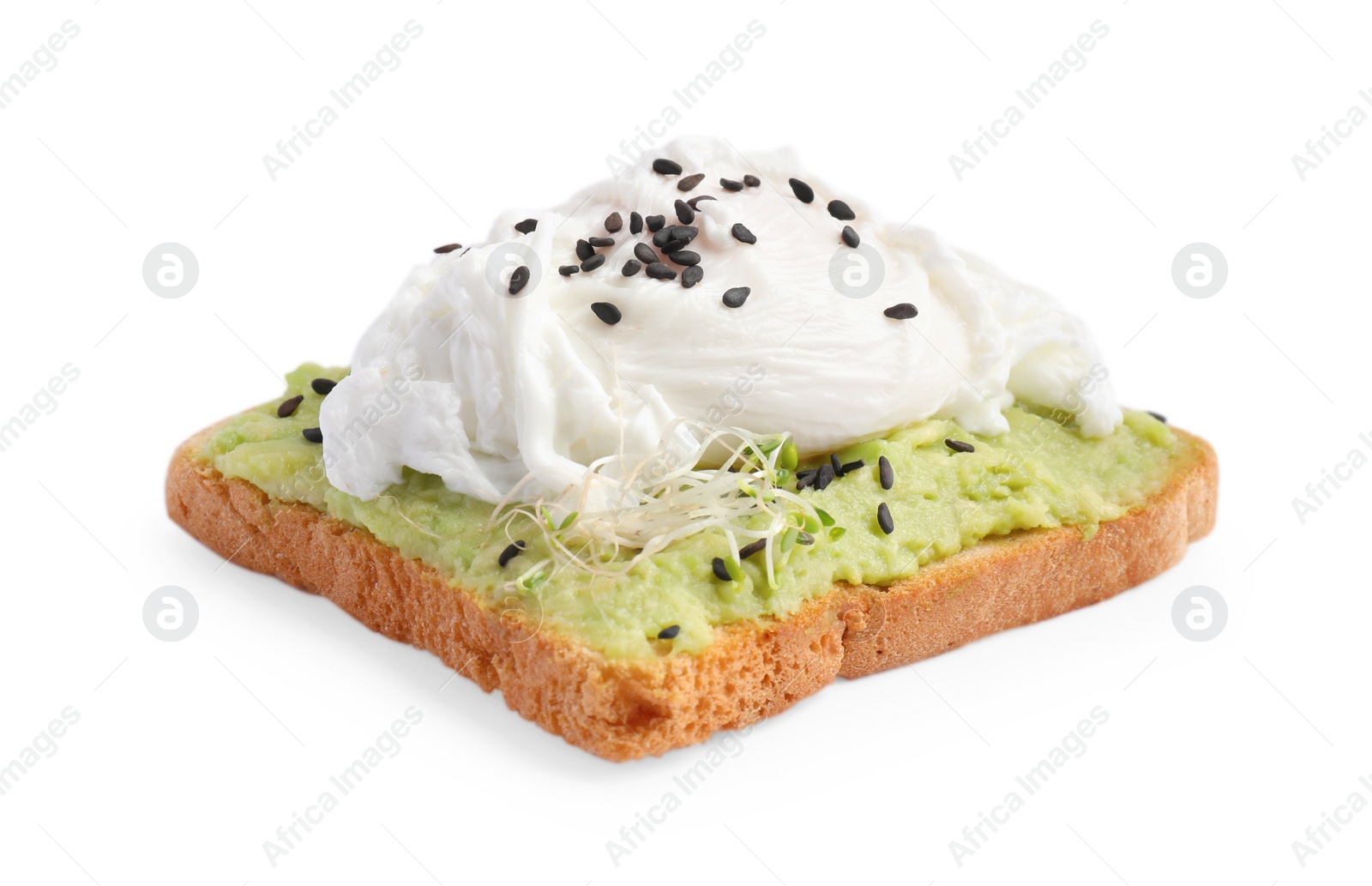 Photo of Delicious toast with avocado cream, poached egg and black sesame seeds isolated on white