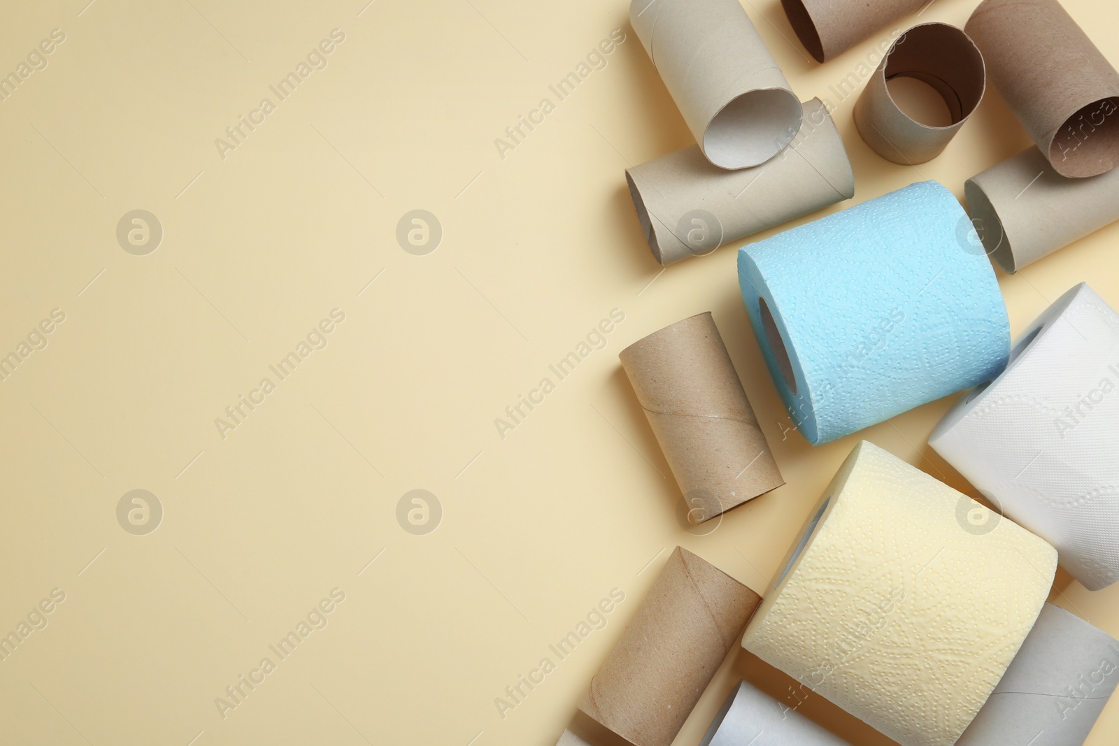 Photo of Full and empty toilet paper rolls on color background, top view. Space for text