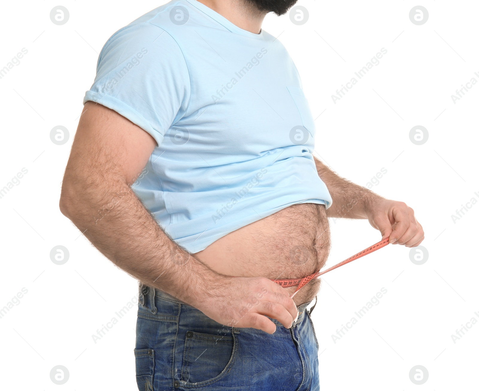 Photo of Overweight man with measuring tape on white background