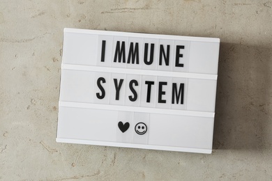 Lightbox with phrase Immune System on grey table, top view