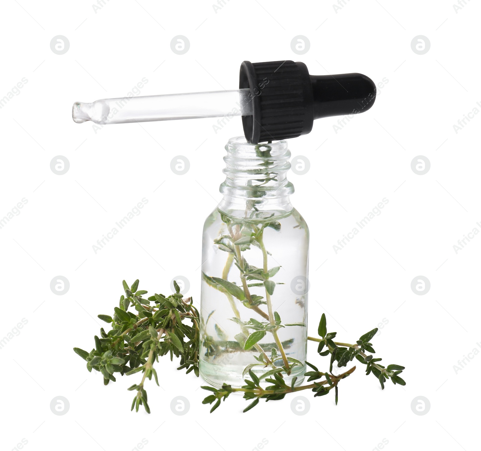 Photo of Bottle of thyme essential oil and fresh green sprigs on white background