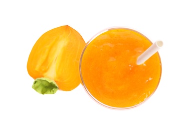 Photo of Tasty persimmon smoothie with straw and fresh fruit isolated on white, top view