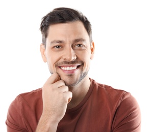 Photo of Smiling man with perfect teeth on white background