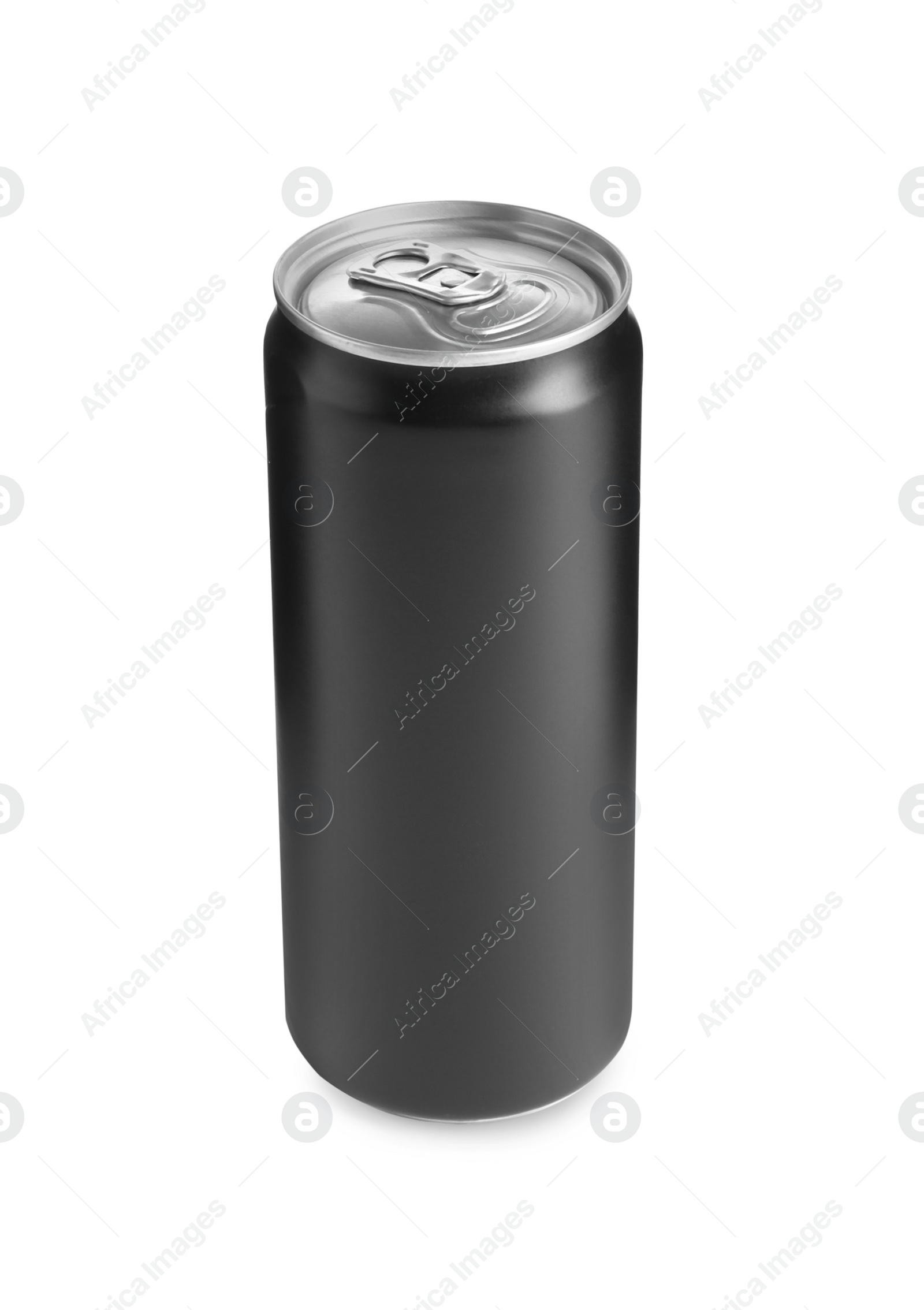 Photo of Energy drink in black aluminum can isolated on white