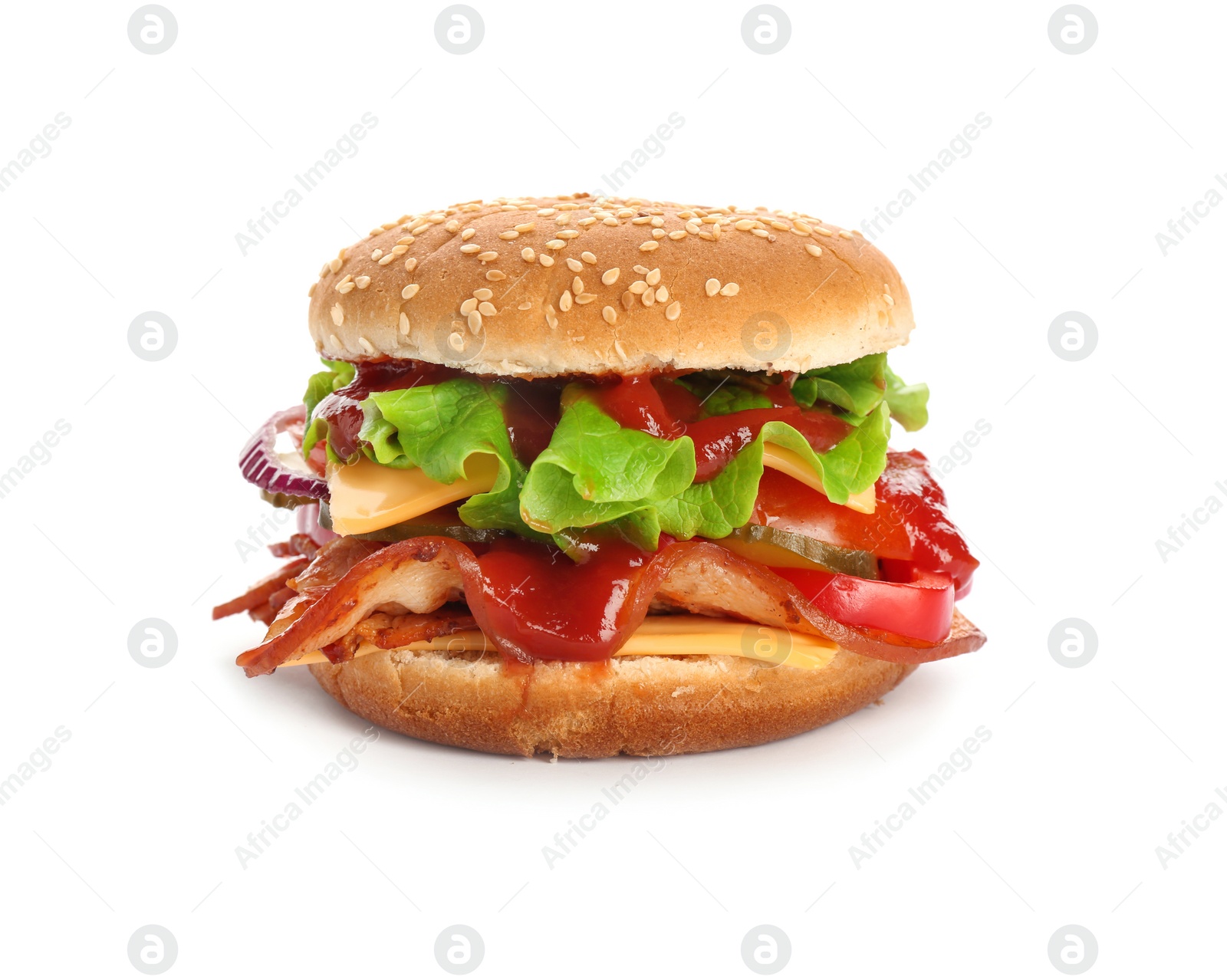 Photo of Tasty burger with bacon on white background