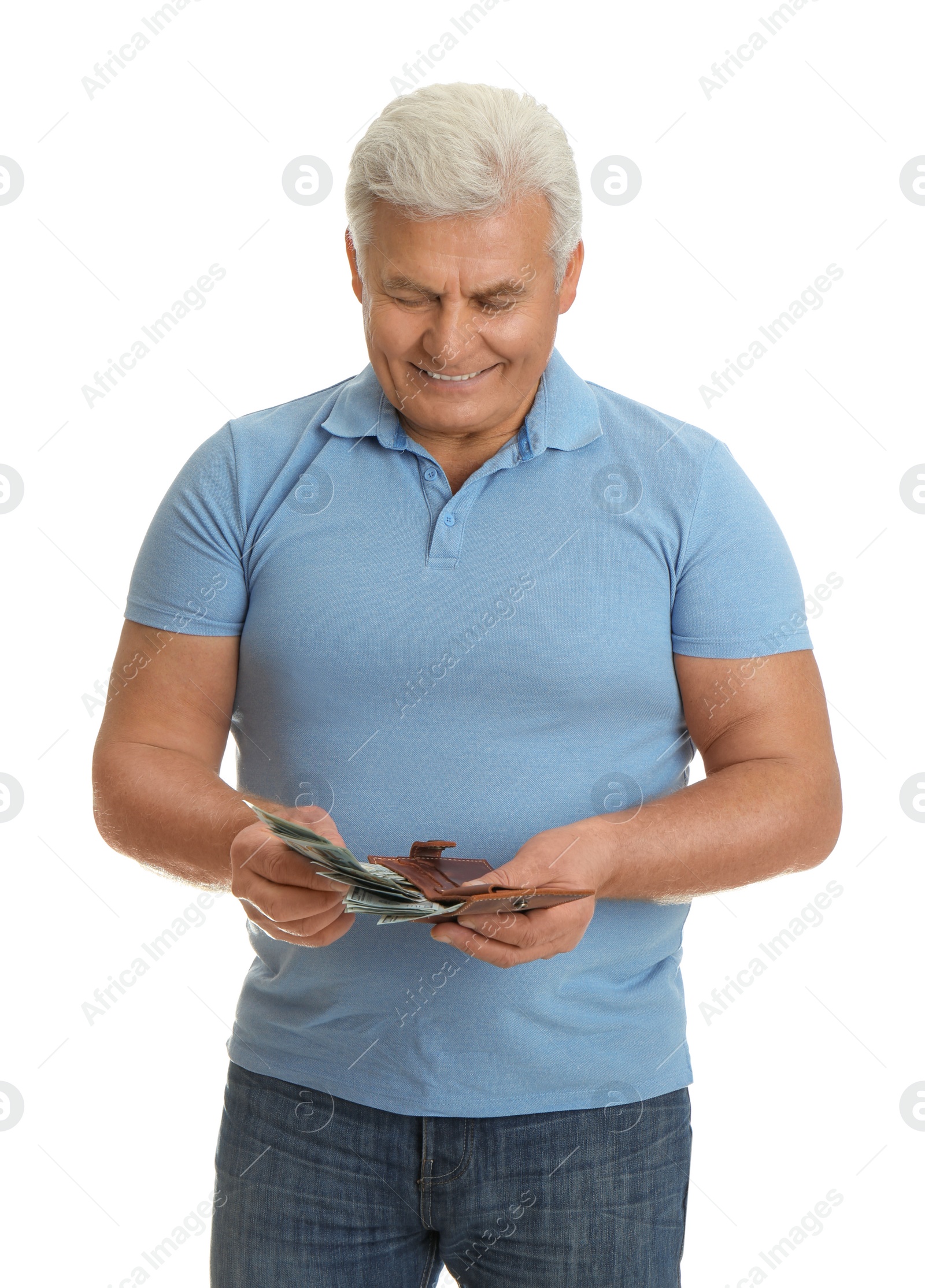 Photo of Happy senior man with cash money and wallet on white background