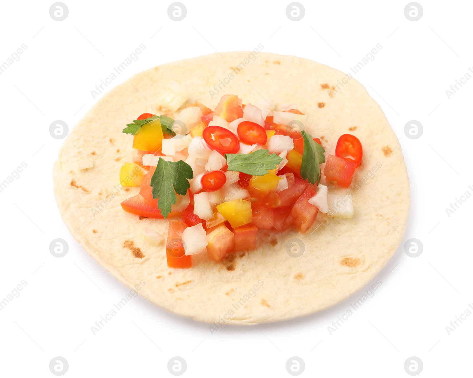 Photo of Tasty taco with vegetables and parsley isolated on white