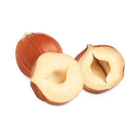 Tasty organic hazelnuts on white background. Healthy snack