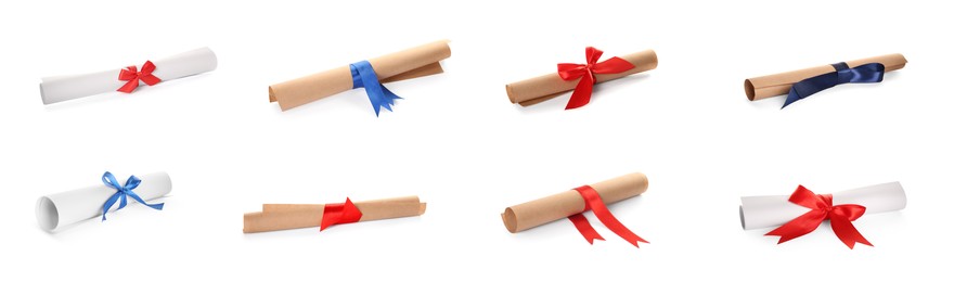 Rolled student's diplomas with blue and red ribbons on white background, collage. Banner design