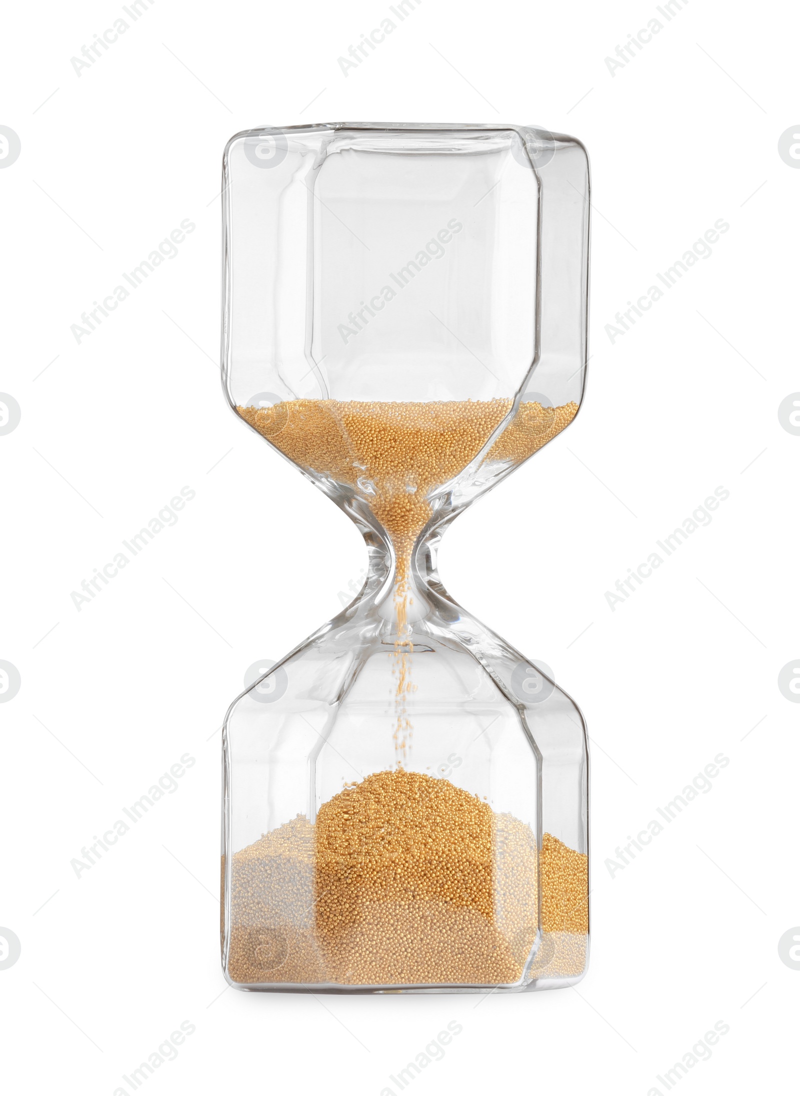 Photo of Hourglass with flowing sand isolated on white