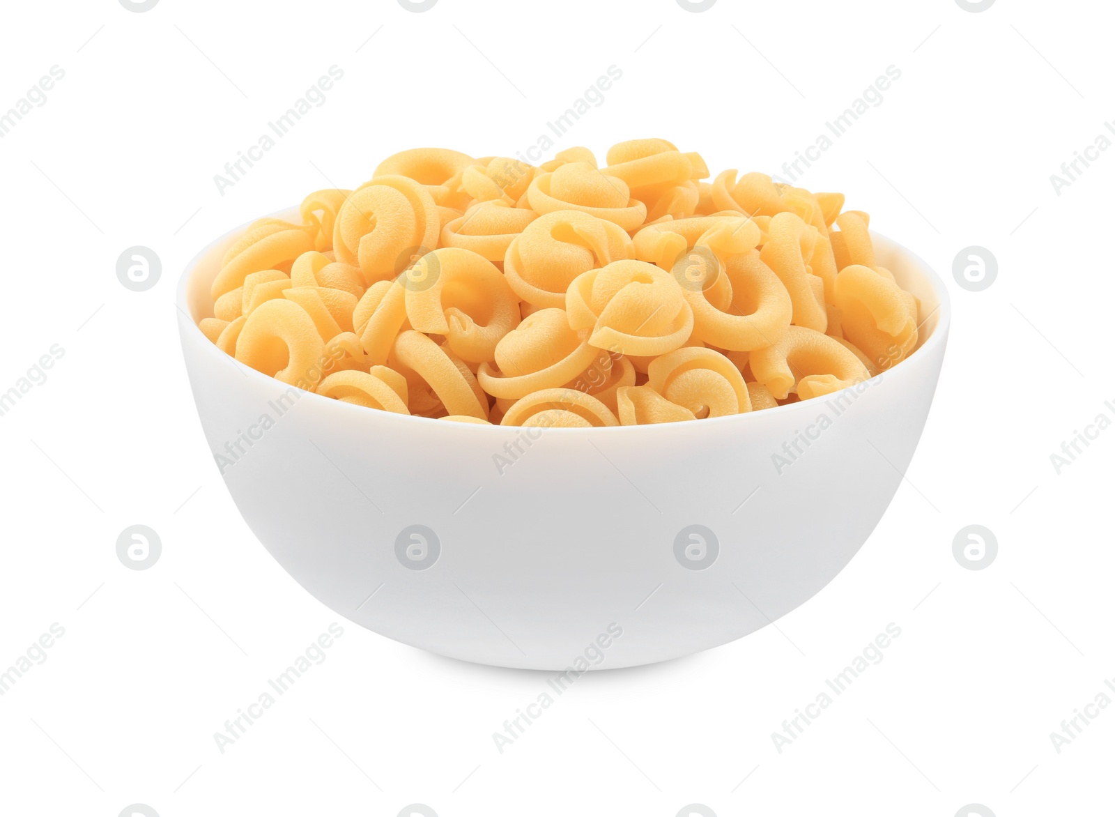 Photo of Raw dischi volanti pasta in bowl isolated on white