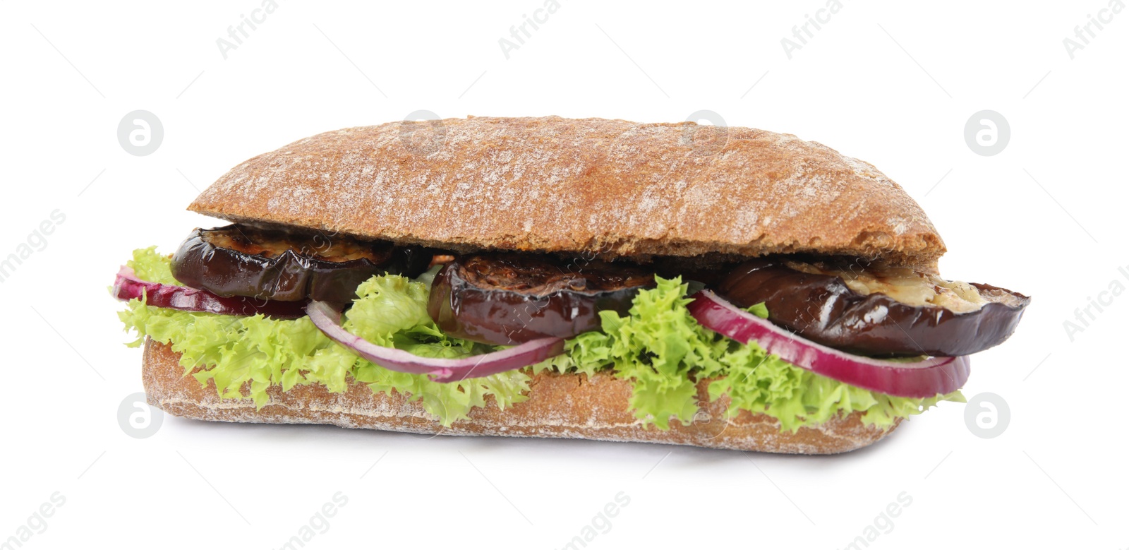 Photo of Delicious fresh eggplant sandwich isolated on white