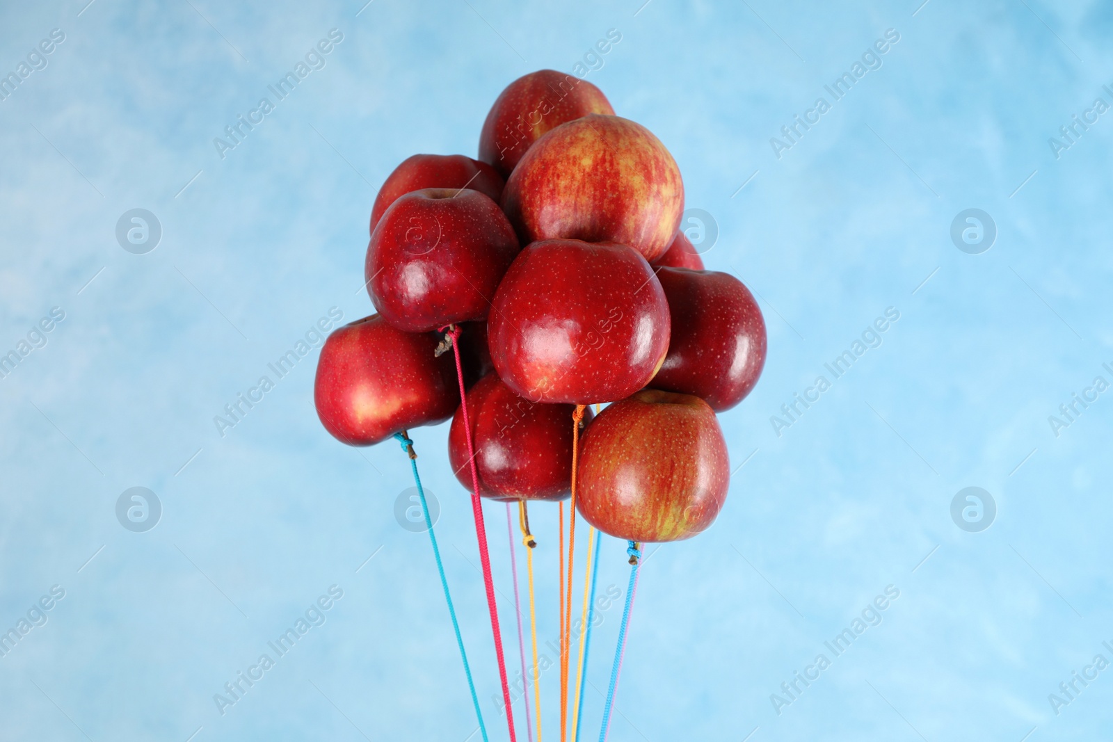 Photo of Ripe red apples hanging on light blue background