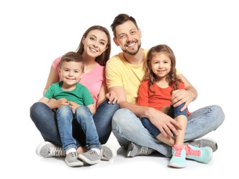 Photo of Happy family with cute children on white background