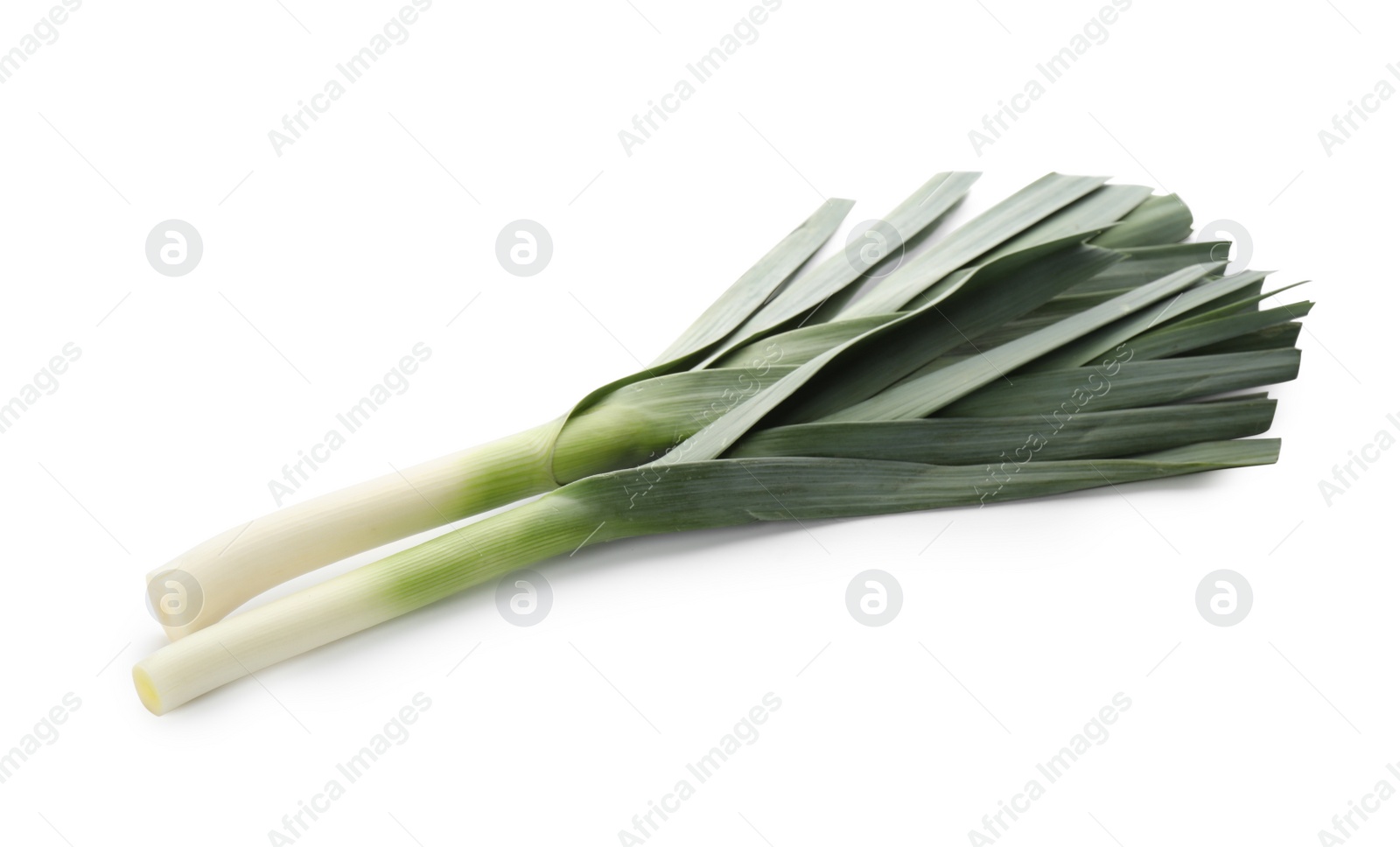 Photo of Fresh raw leeks on white background. Ripe onion