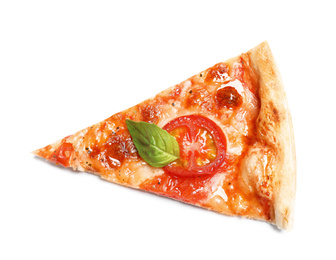 Photo of Slice of delicious pizza Margherita isolated on white, top view