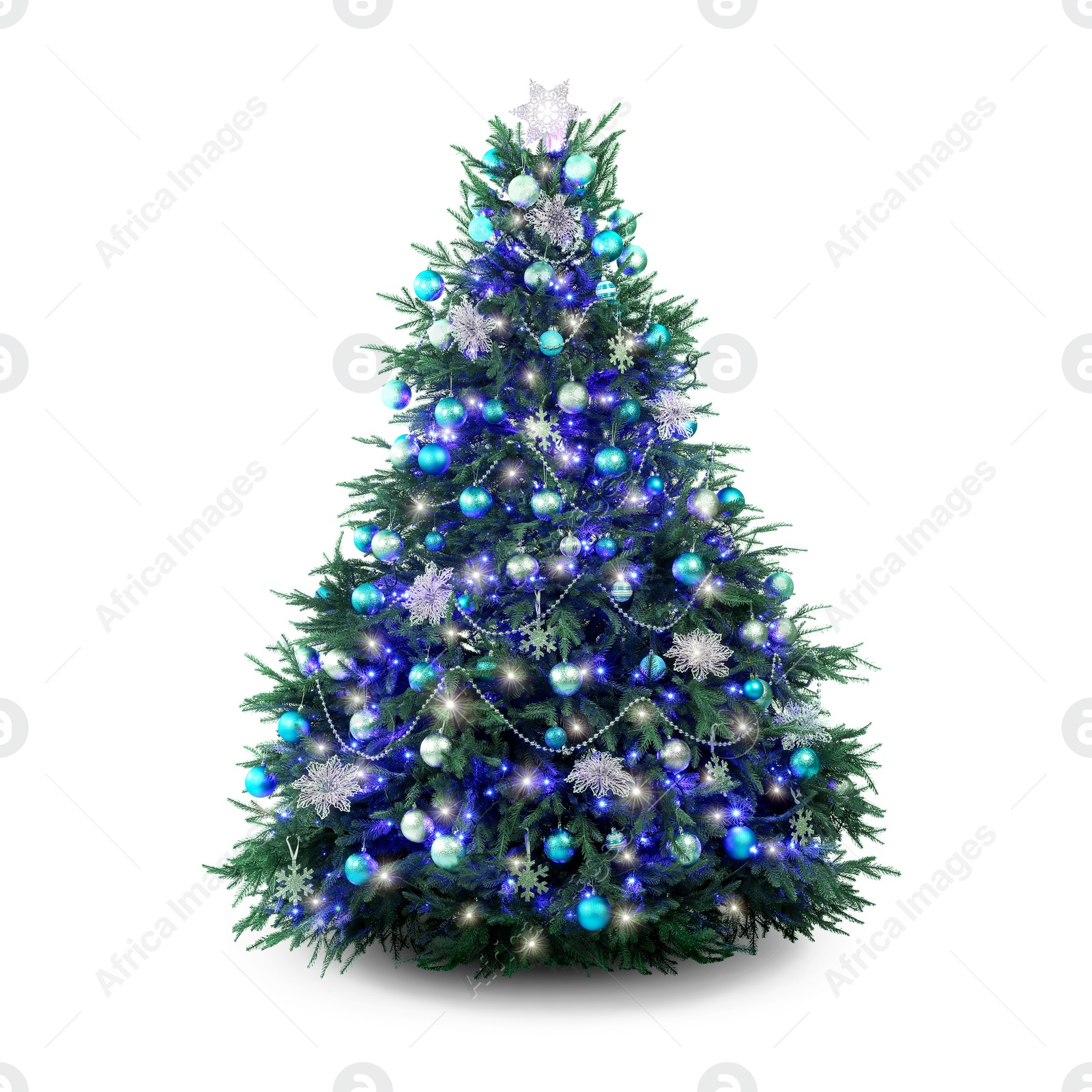 Image of Christmas tree decorated with ornaments and festive lights isolated on white