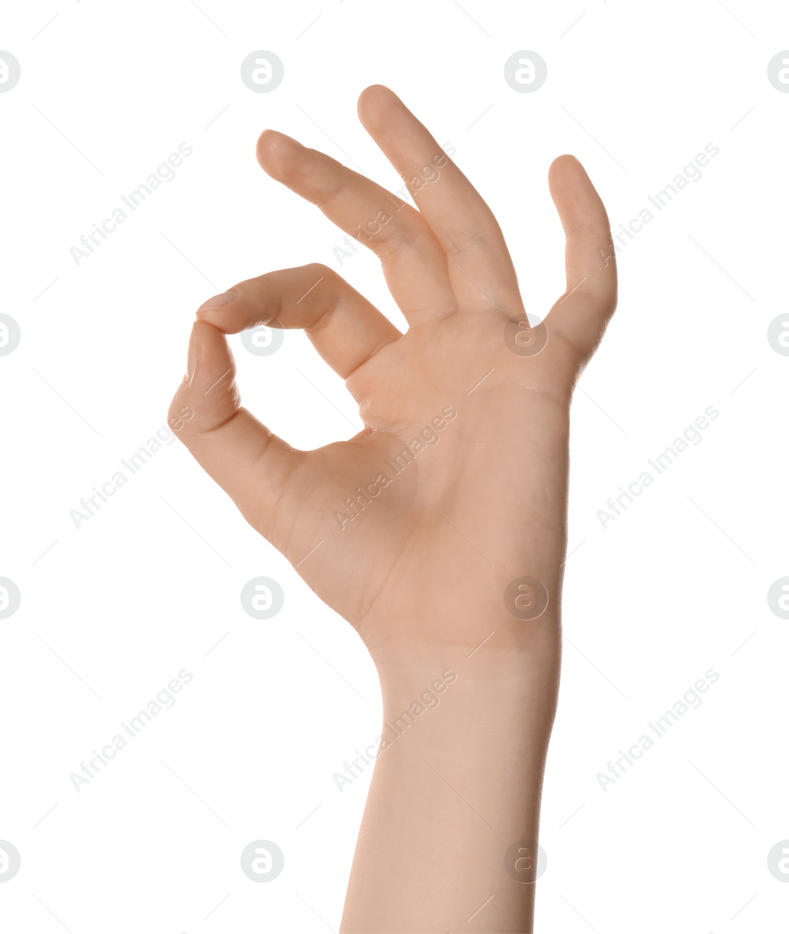 Photo of Woman showing okay gesture isolated on white, closeup