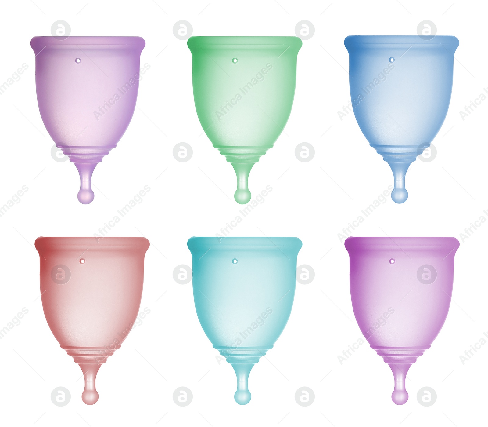 Image of Set with different menstrual cups on white background