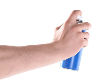 Photo of Man with can of spray paint on white background, closeup