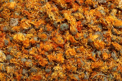 Photo of Pile of dry calendula flowers as background, top view