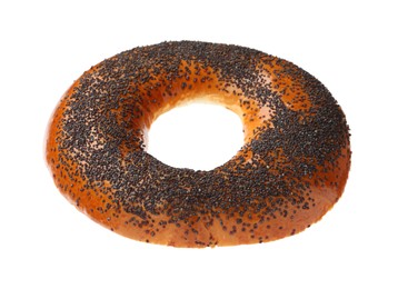 Photo of Delicious fresh bagel with poppy seeds isolated on white