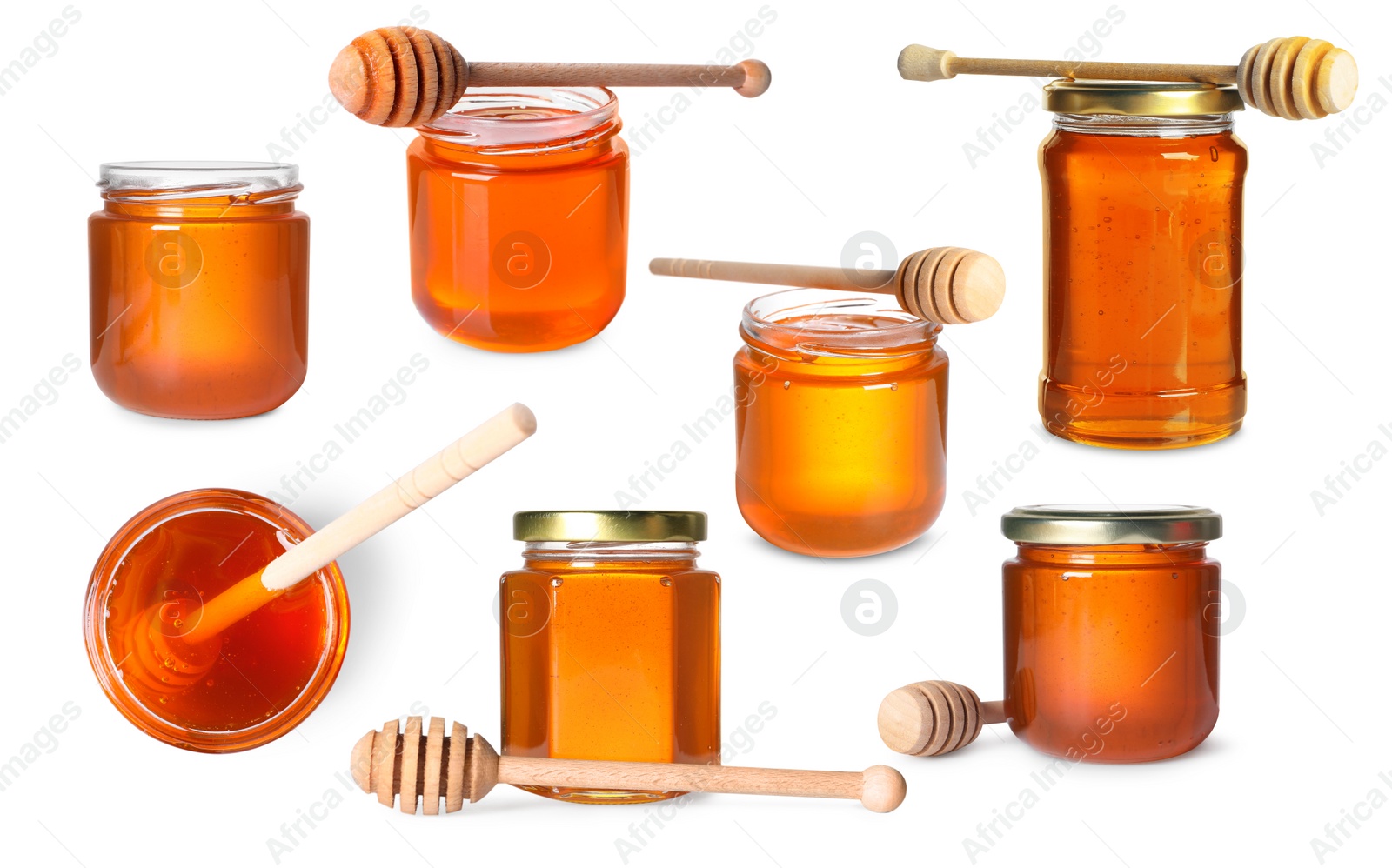 Image of Natural honey in glass jars and dippers isolated on white, set