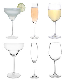 Image of Collage with full and empty glasses on white background