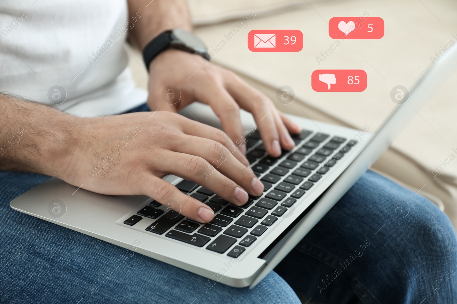 Image of Man using laptop at home, closeup. Social media