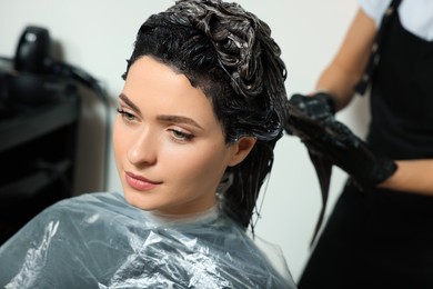 Photo of Professional hairdresser dyeing client's hair in beauty salon