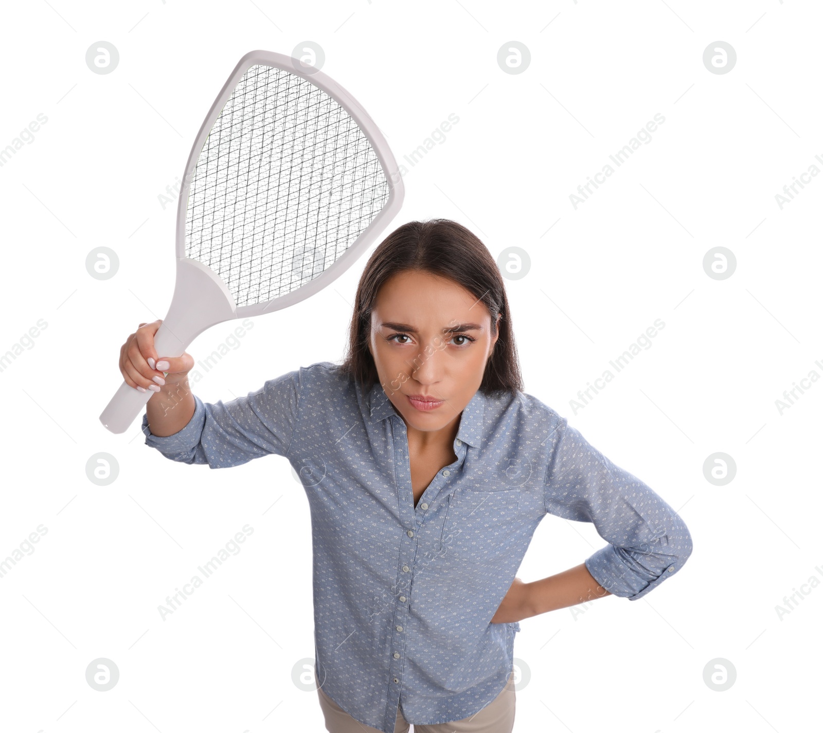 Photo of Young woman with electric fly swatter on white background. Insect killer