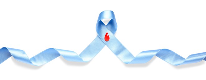Photo of Light blue ribbon with paper blood drop isolated on white. World Diabetes Day