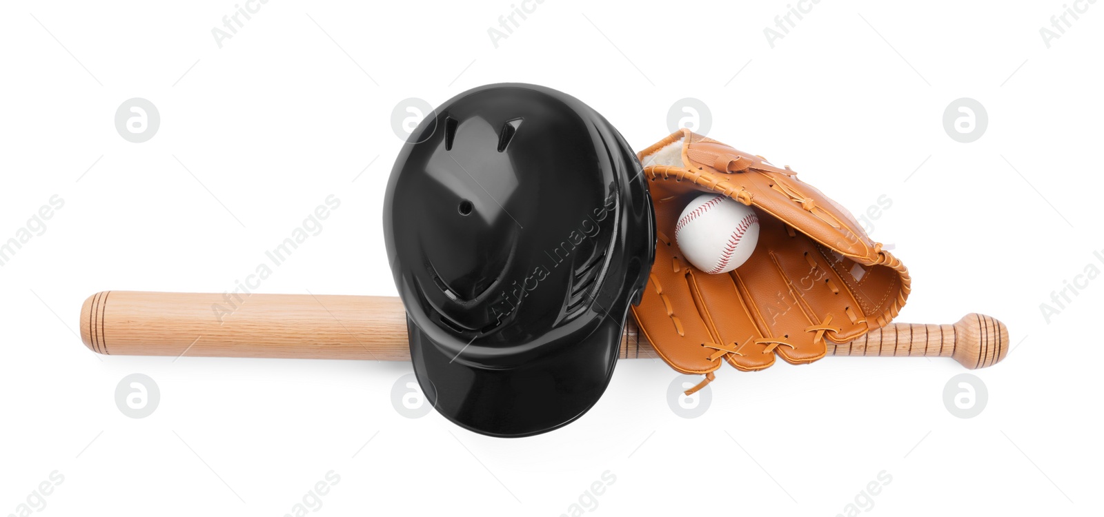 Photo of Baseball glove, bat, ball and batting helmet isolated on white, top view