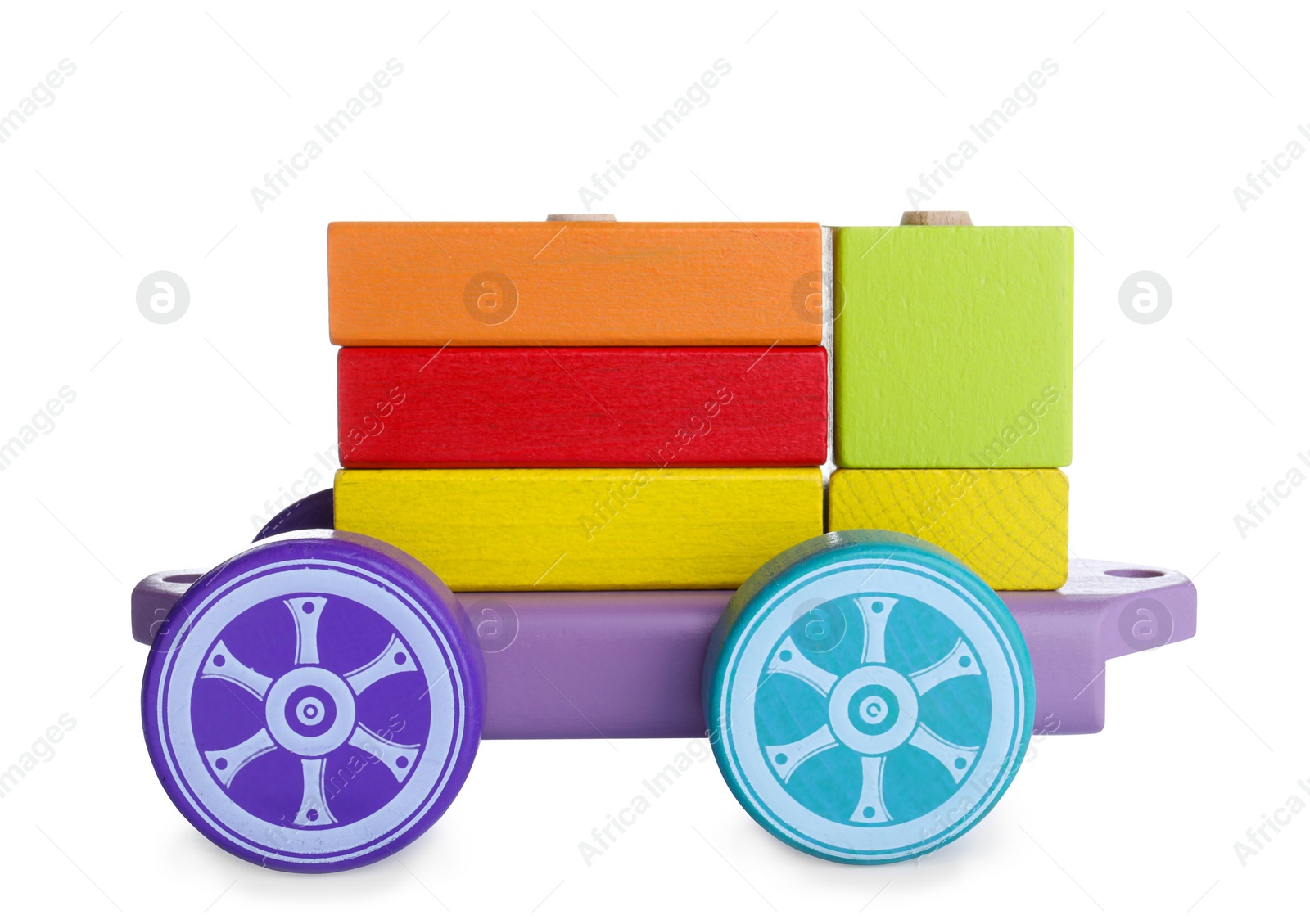 Photo of Colorful wooden toy locomotive isolated on white