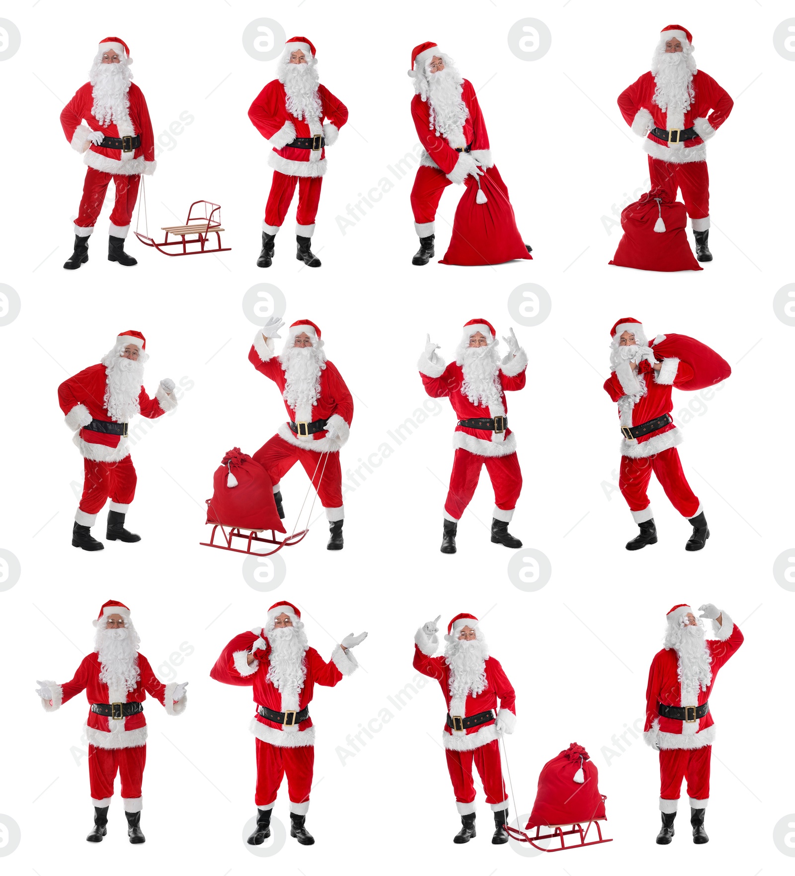 Image of Santa Claus on white background, set of photos. Christmas celebration