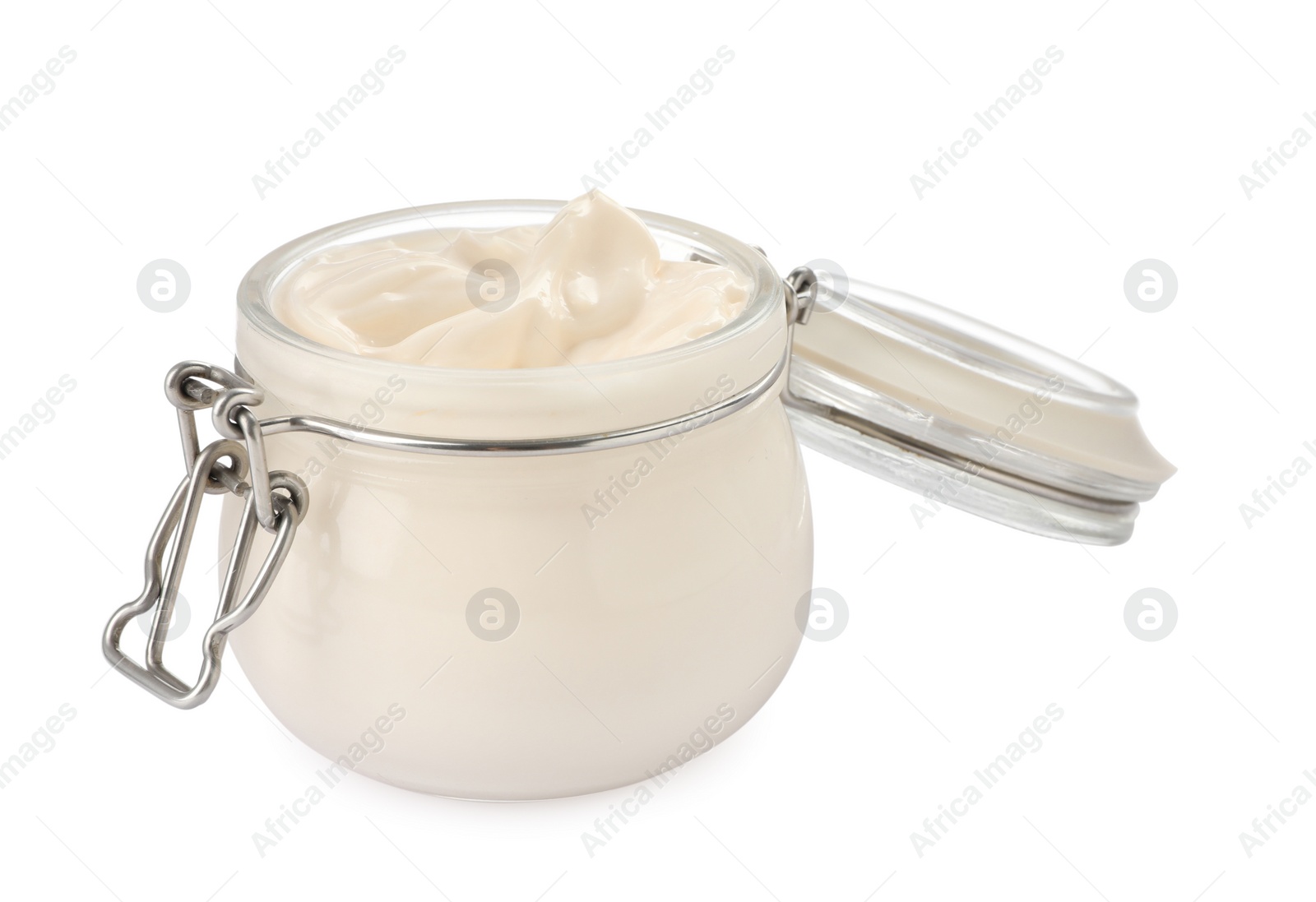 Photo of Mayonnaise in glass jar isolated on white