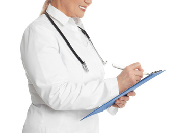 Mature doctor with clipboard on white background, closeup