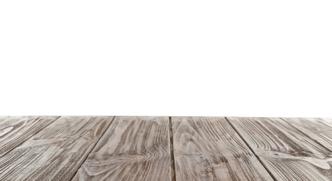 Empty wooden table surface on white background