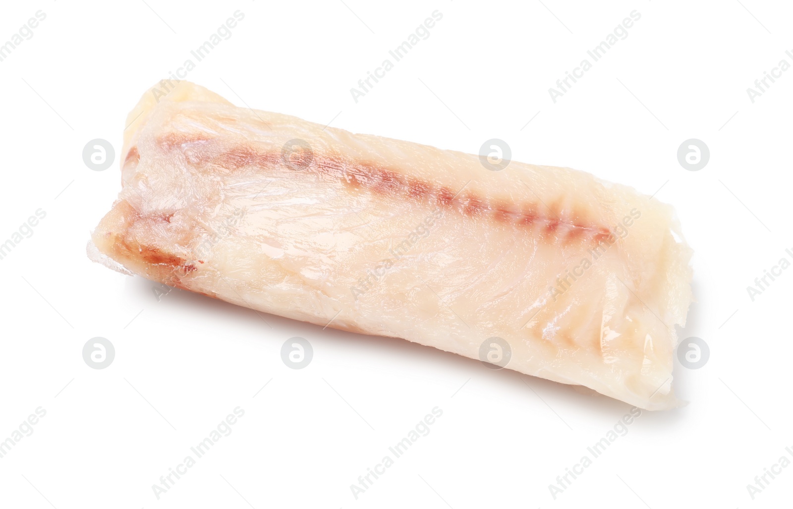 Photo of Piece of raw cod fish isolated on white, top view