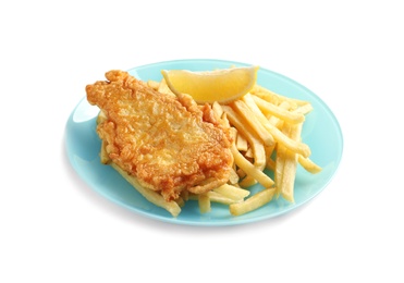 Photo of Plate with British Traditional Fish and potato chips on white background