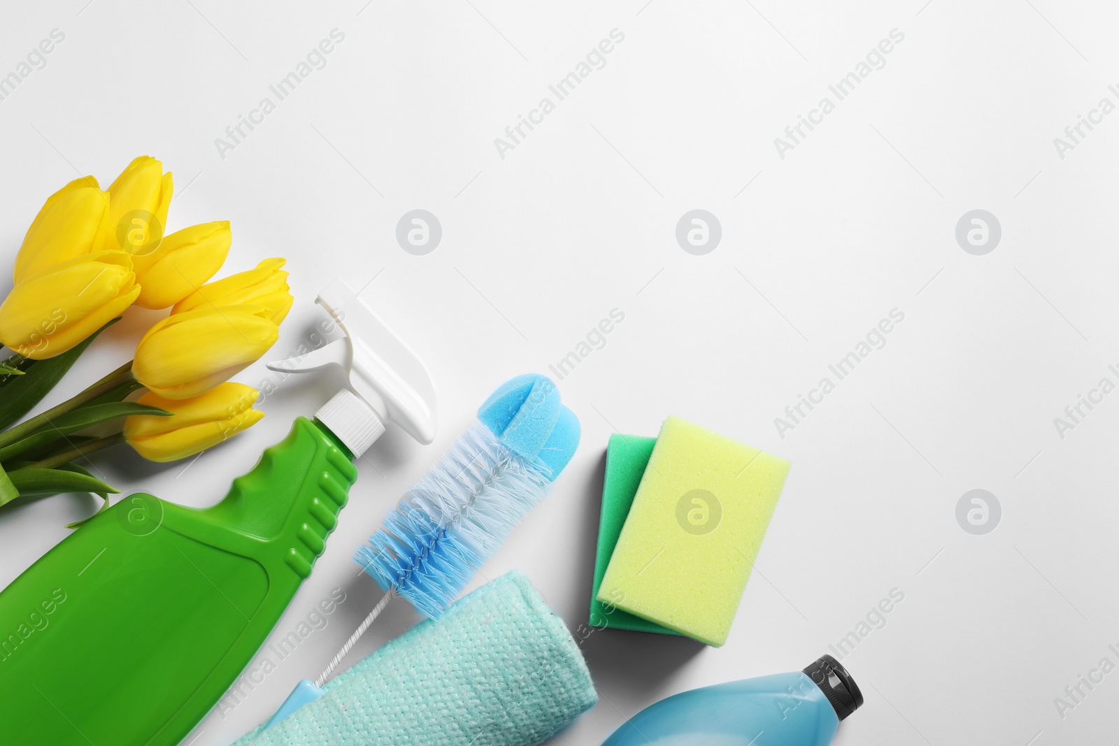 Photo of Spring cleaning. Detergents, flowers, sponges, brush and rag on white background, flat lay. Space for text