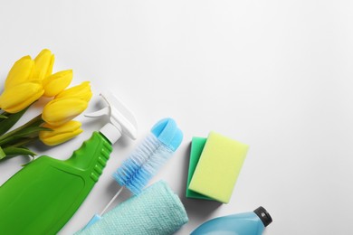 Spring cleaning. Detergents, flowers, sponges, brush and rag on white background, flat lay. Space for text