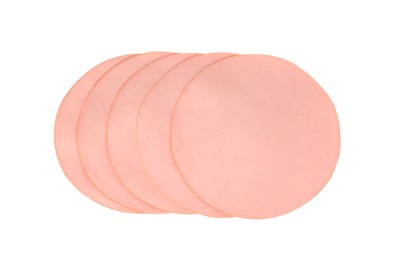 Slices of delicious boiled sausage on white background, top view
