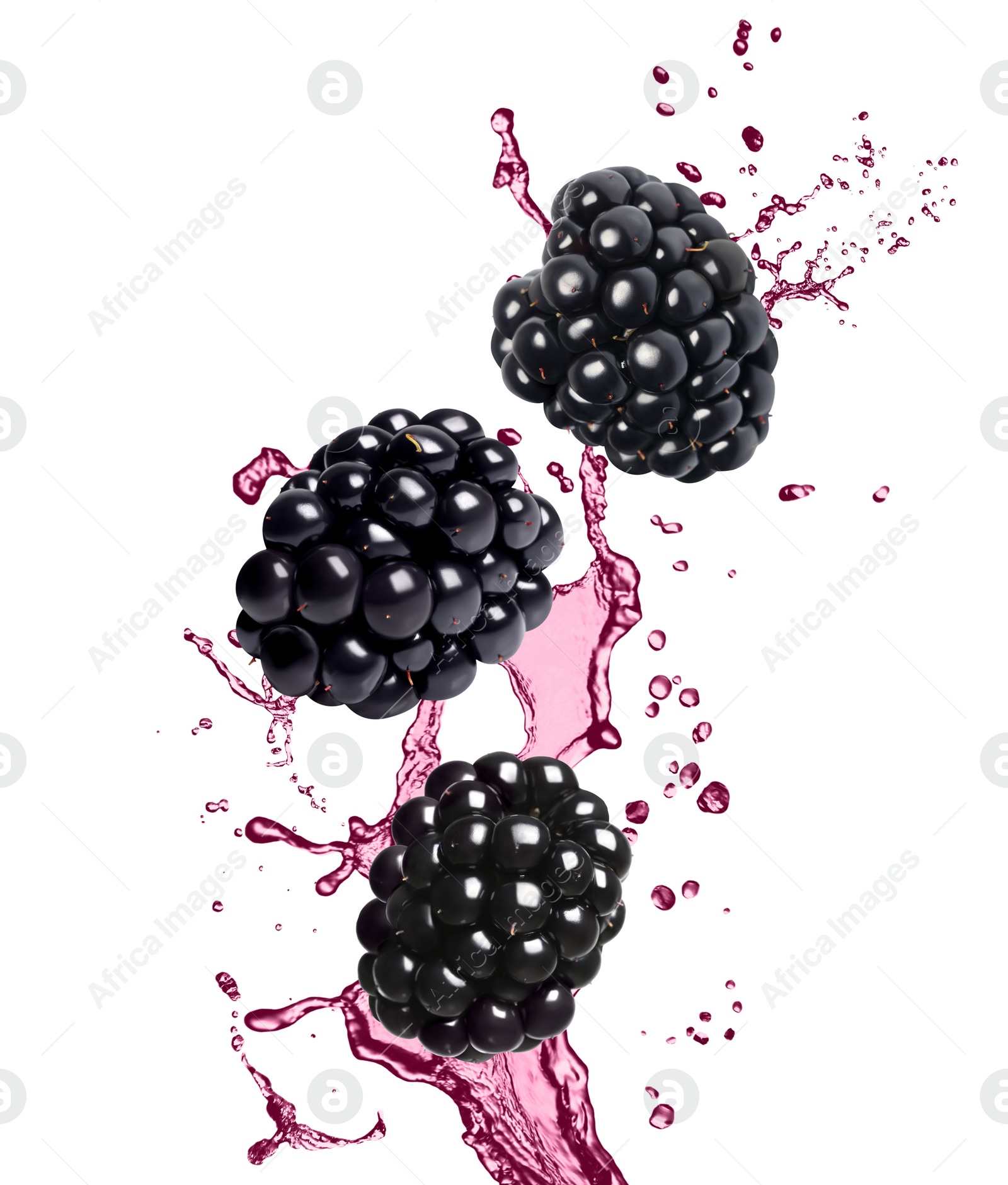 Image of Fresh blackberries and juice in air on white background