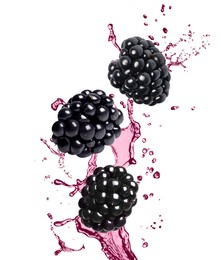 Image of Fresh blackberries and juice in air on white background